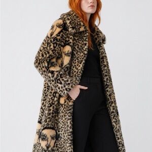 Shrimps Leopard-Print Faux Fur Pea Coat in Beige and Black